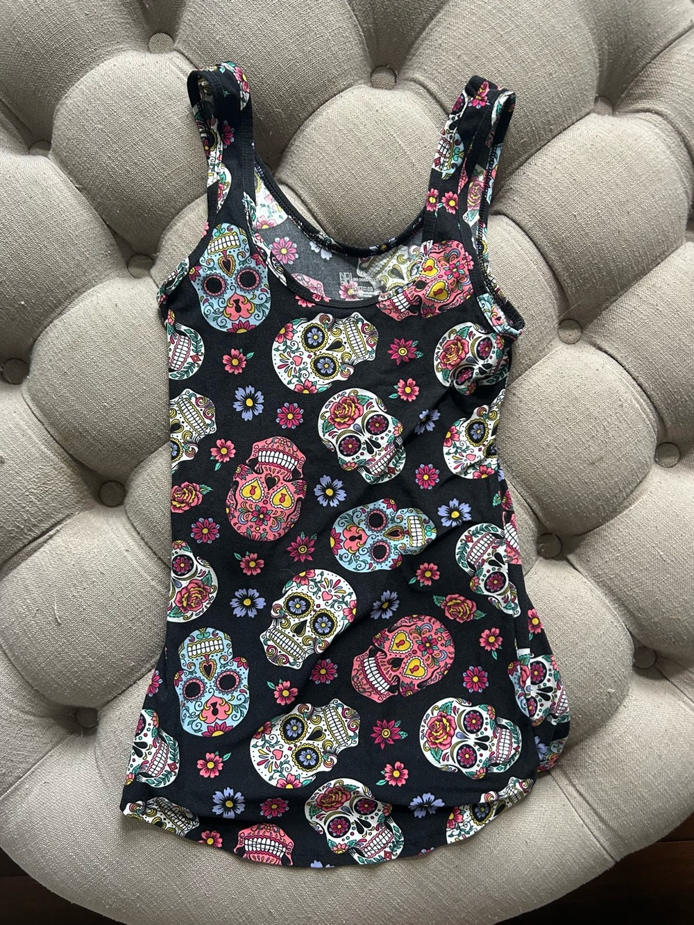No Boundaries Black Sugar Skull Tank One-Piece with Multicolor Floral Accents